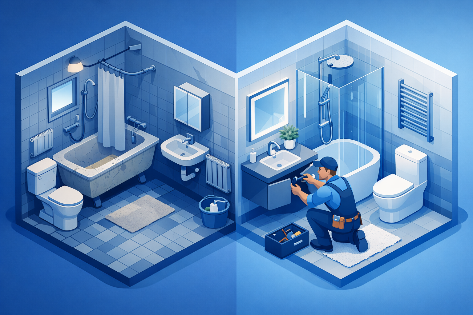 Rénovation de salle de bain moderne à Paris : douche, baignoire et plomberie isométrique